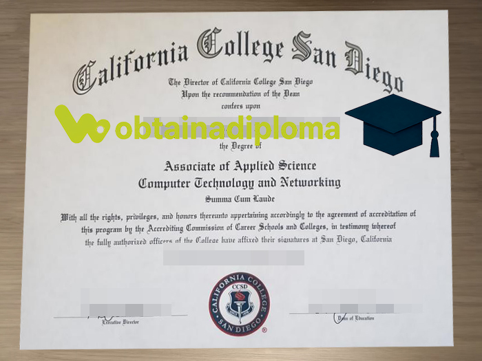 California College San Diego degree certificate showing academic details and graduation information