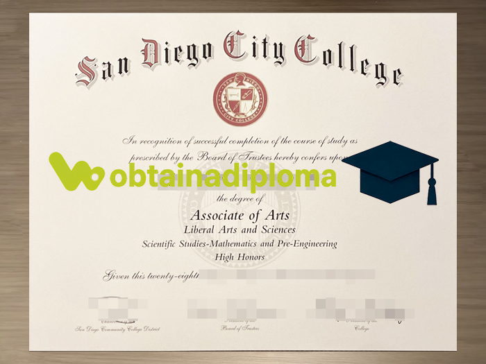 San Diego City College diploma displayed on a wooden table with official academic design