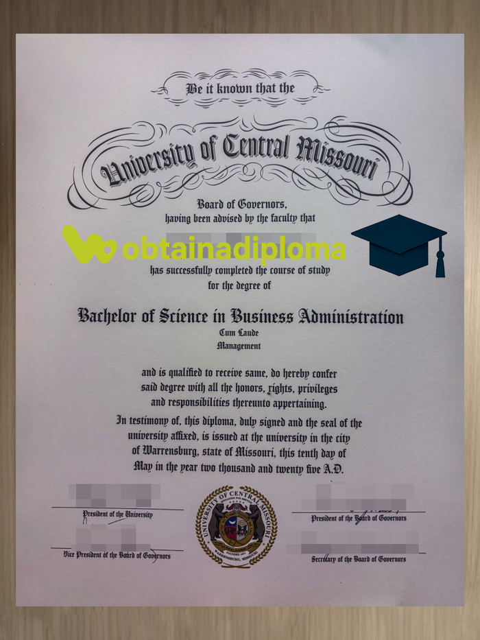 University of Central Missouri certificate showing academic details and completion recognition